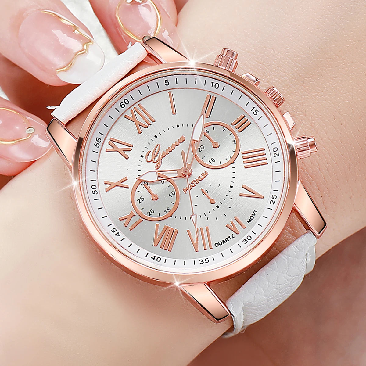 5PCS Women's Watches Fashion Roma Dial Leather Band Quartz Watch Ladies Silicone Band Wristwatch Reloj Mujer(Without Box)
