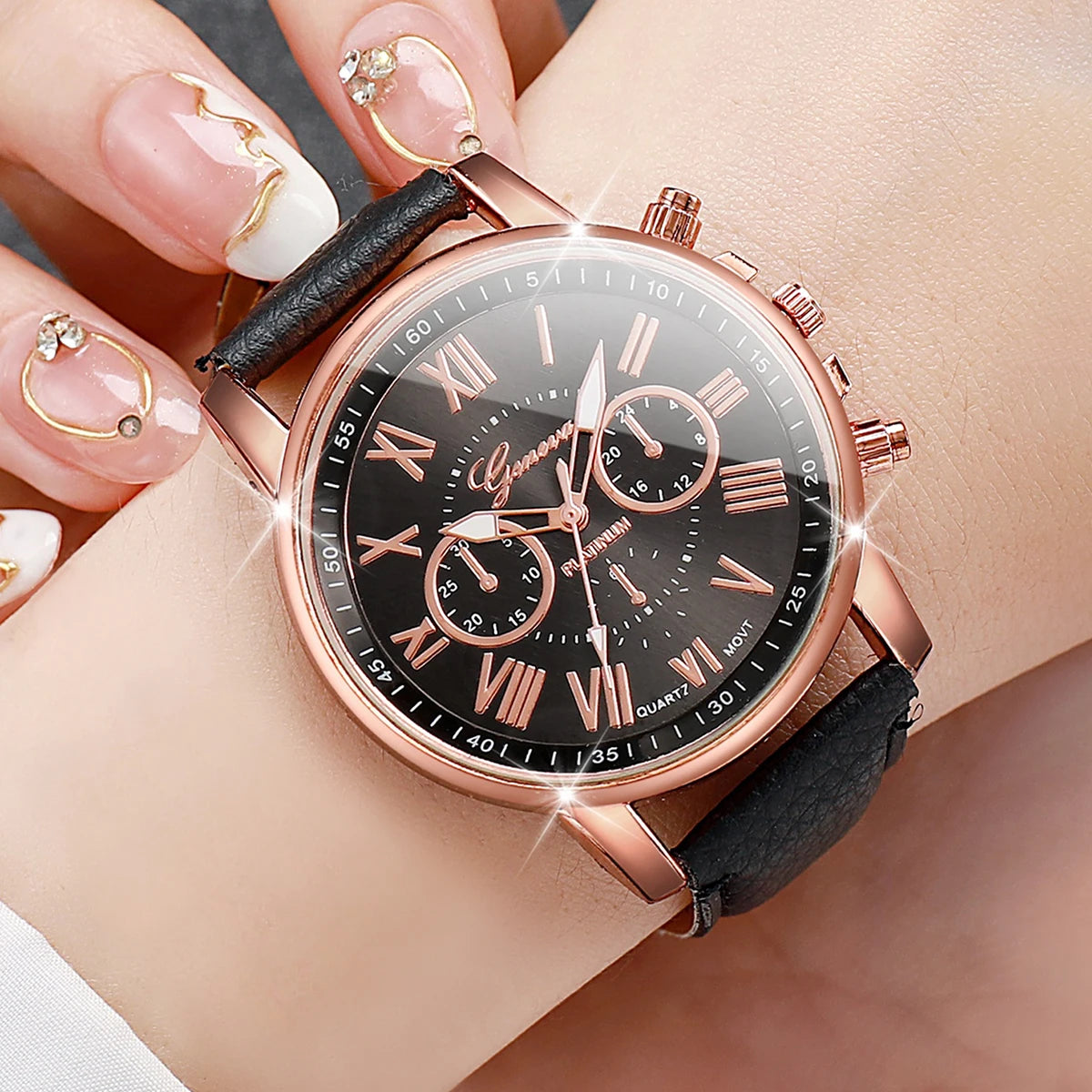 5PCS Women's Watches Fashion Roma Dial Leather Band Quartz Watch Ladies Silicone Band Wristwatch Reloj Mujer(Without Box)