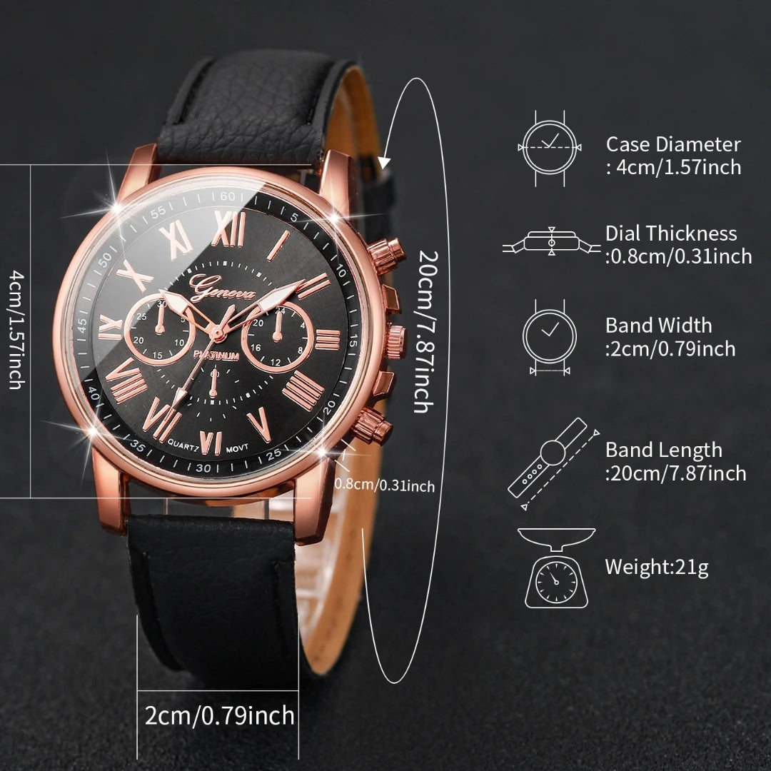 5PCS Women's Watches Fashion Roma Dial Leather Band Quartz Watch Ladies Silicone Band Wristwatch Reloj Mujer(Without Box)