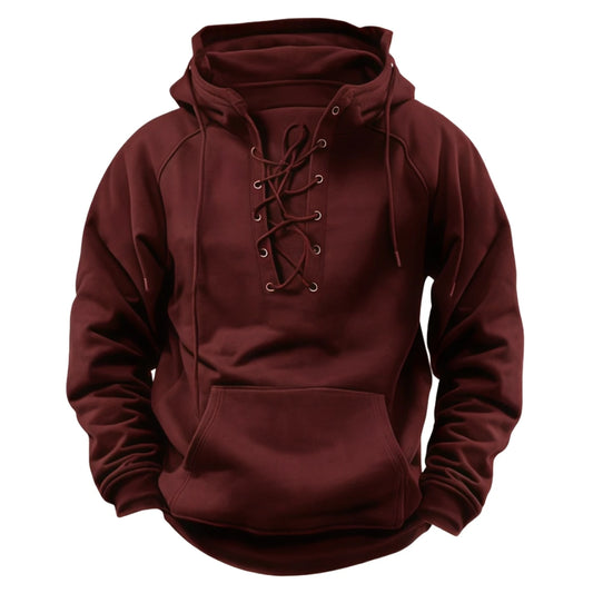 2025 Men's Autumn Winter Outdoor Casual Jacket: Retro Lace-Up, Loose Fit, Pure Color Long Sleeve Hooded Sweatshirt