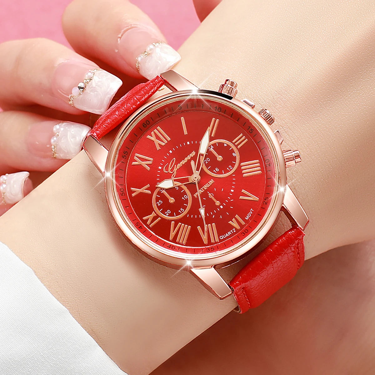5PCS Women's Watches Fashion Roma Dial Leather Band Quartz Watch Ladies Silicone Band Wristwatch Reloj Mujer(Without Box)