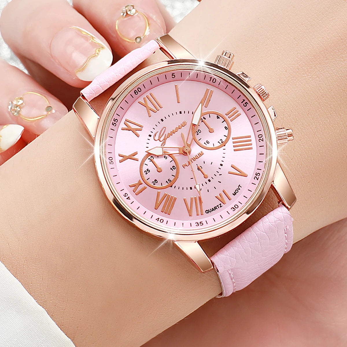 5PCS Women's Watches Fashion Roma Dial Leather Band Quartz Watch Ladies Silicone Band Wristwatch Reloj Mujer(Without Box)