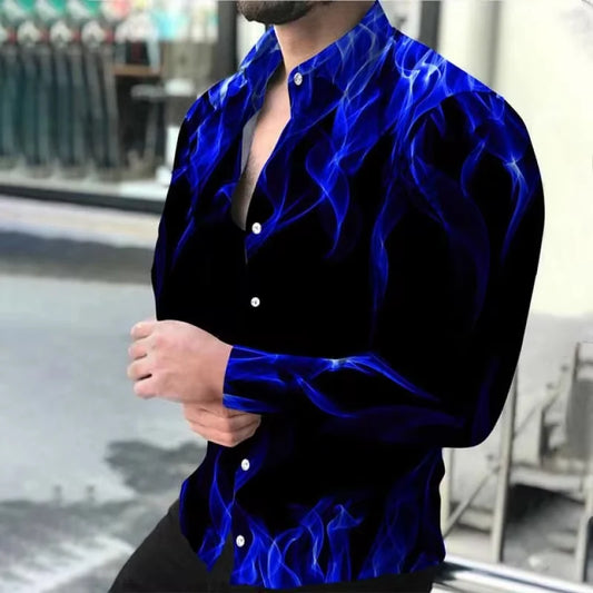 Men Shirts Turn-Down Collar Buttoned Shirt Casual Flame Print Long Sleeve Tops Mens Clothes