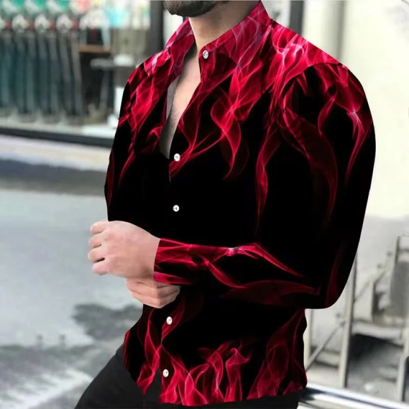 Men Shirts Turn-Down Collar Buttoned Shirt Casual Flame Print Long Sleeve Tops Mens Clothes