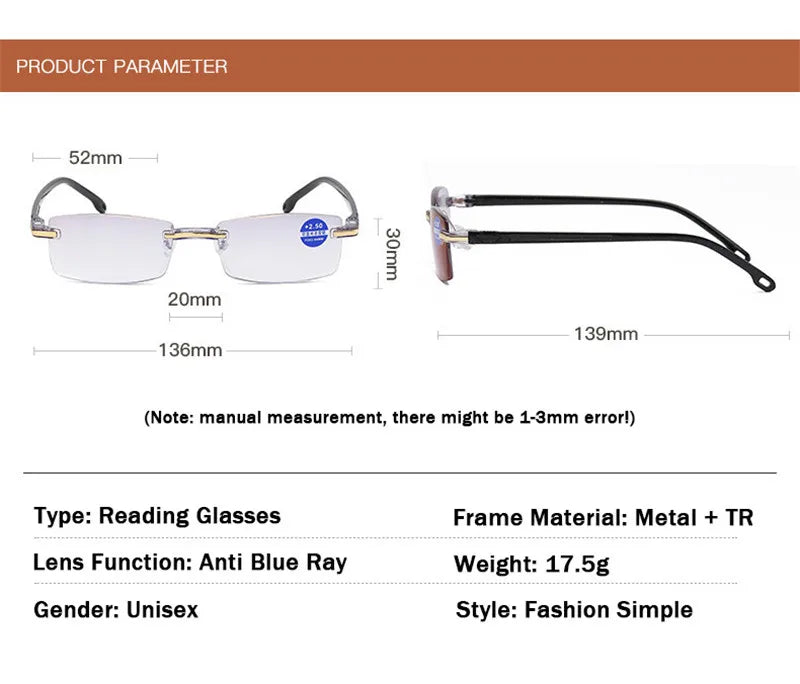 Ahora Men Rimless Reading Glasses Women Anti Blue Light Blocking Square Frameless Presbyopic Glasses Diopters +1.0 1.5 2 2.5 4.0
