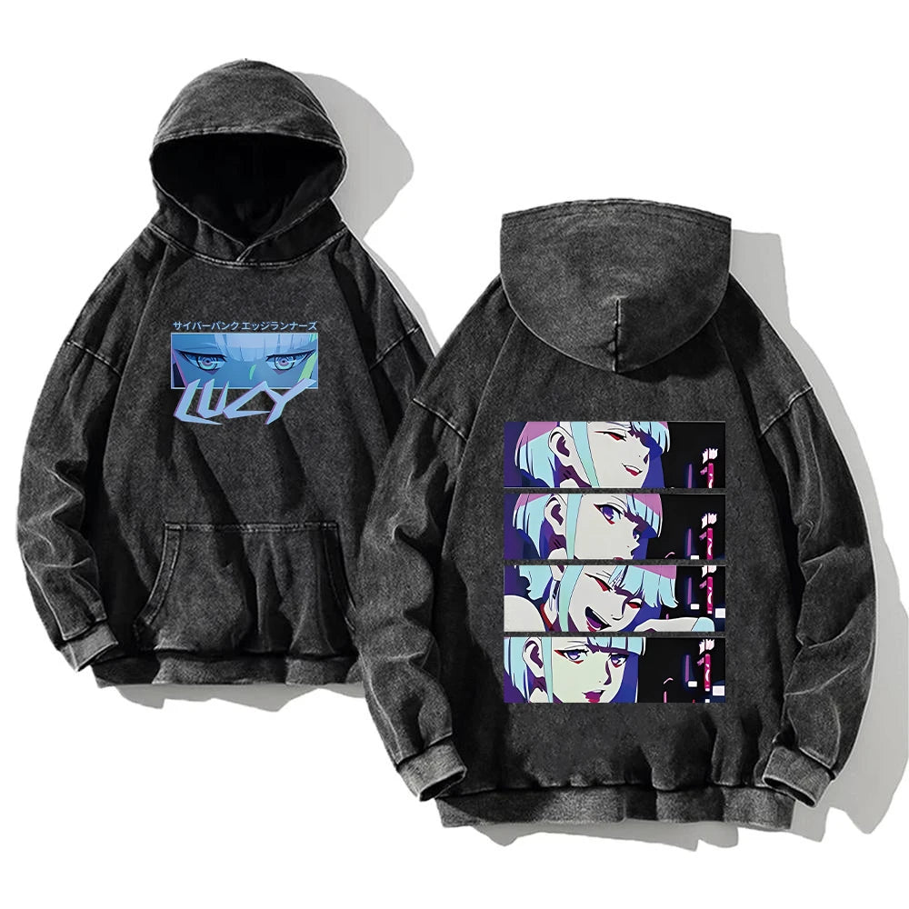 Anime Cyberpunk: Edgerunners Washed Hoodies Printed Casual Men Contains Cotton High Quality Fashion Loose Pullover Unisex