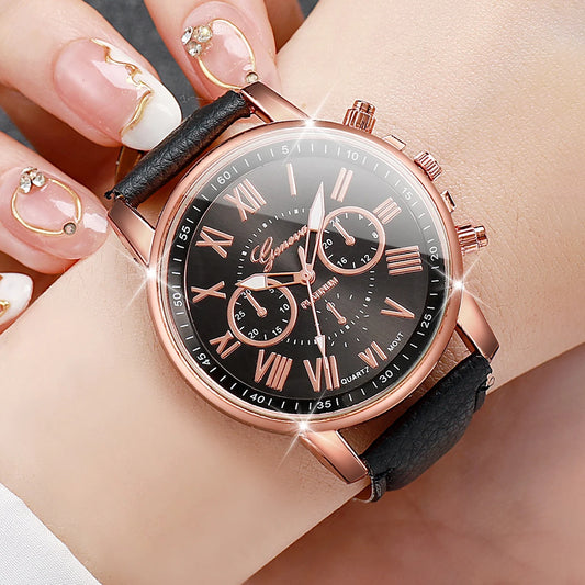 5PCS Women's Watches Fashion Roma Dial Leather Band Quartz Watch Ladies Silicone Band Wristwatch Reloj Mujer（Without Box）
