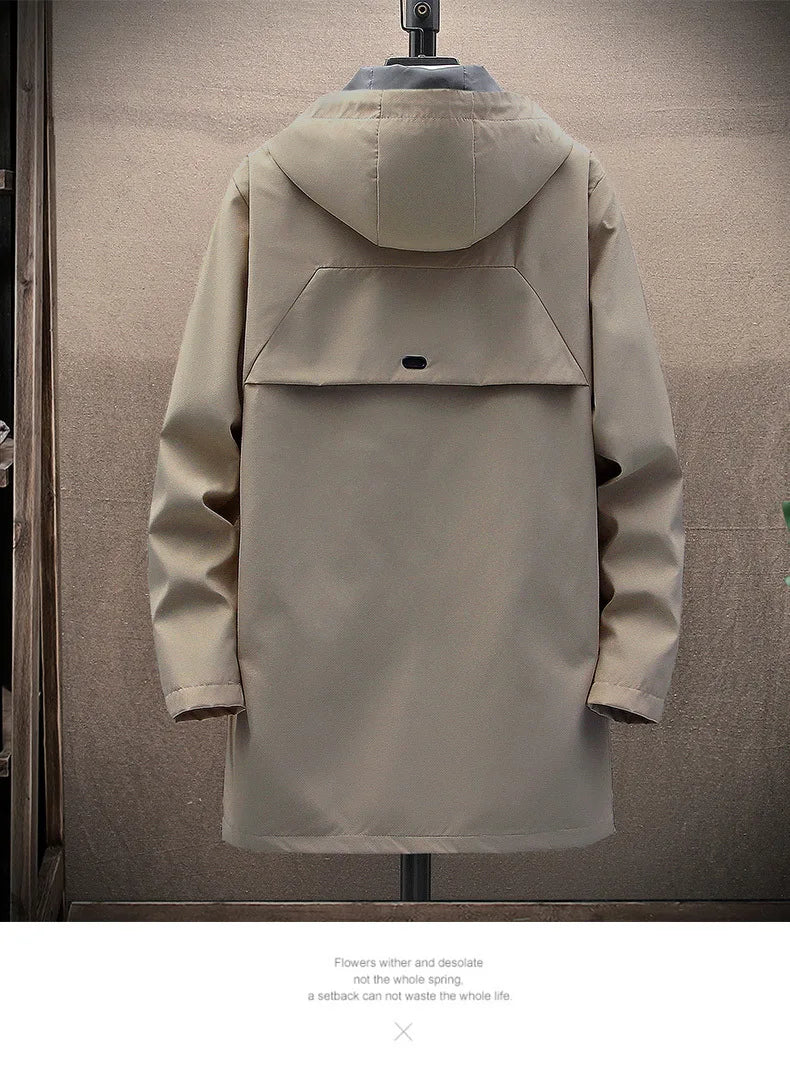 Outdoor Casual Jacket For Men Solid Color Long Windproof Hooded Coat High Quality Design Hot Casual Jacket For Men