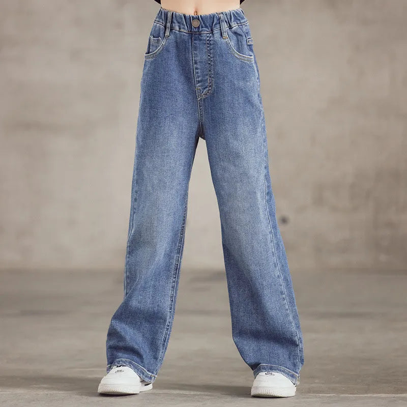 Kid's Jeans 3-9Y Cute Girls Solid Color Loose Wide Leg Pants Childrens Outwear Denim Trousers
