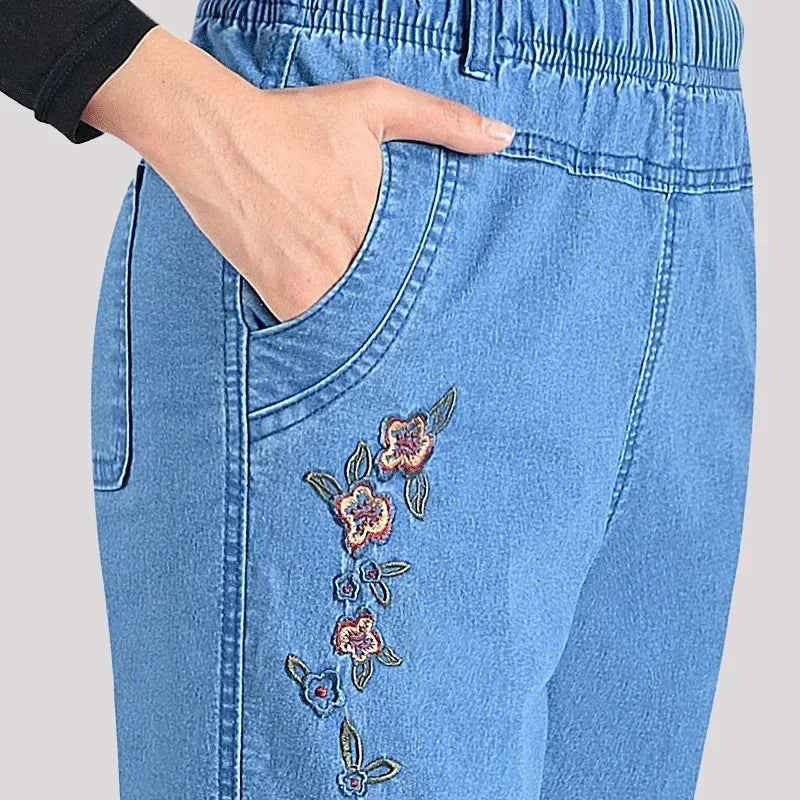 Jeans Women's Loose Straight Sleeve 9-point Embroidered Elastic High Waist