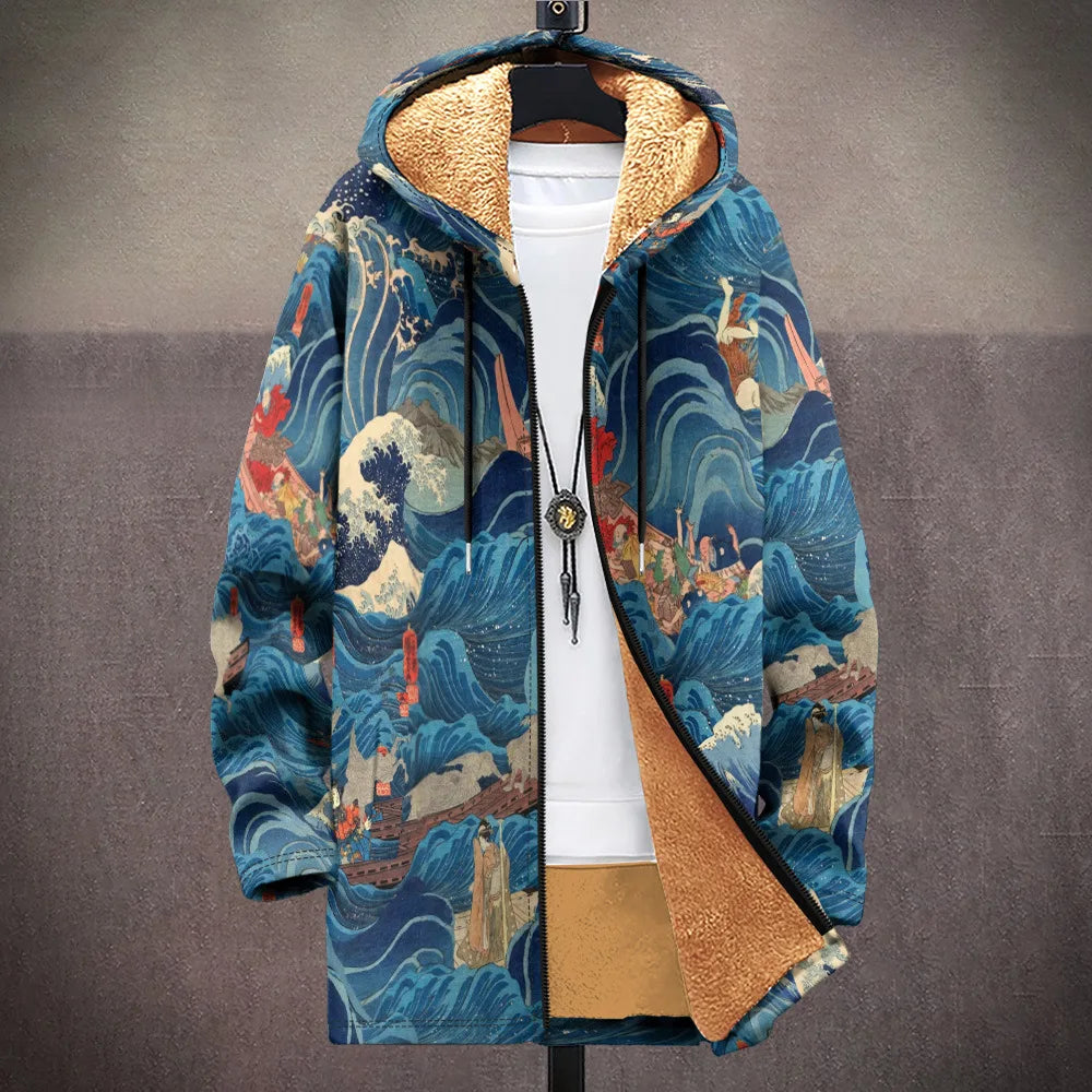 Men Cardigan Coats Blue White Porcelain Art Graphics Printed Germany  Style Plush Thick Winter Jackets Casual Streetwear Clothing