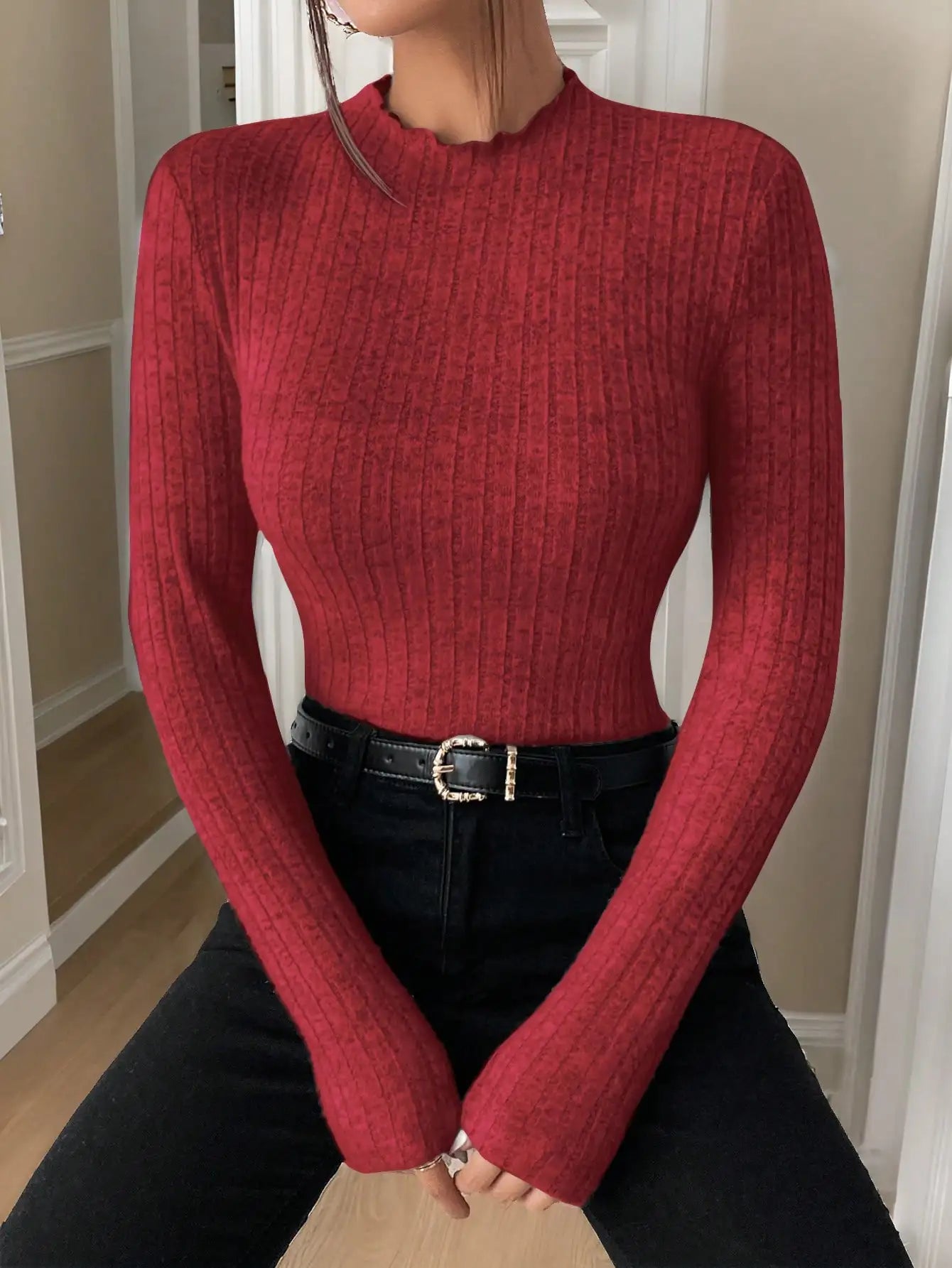 Fashion Slim Ruffle Neck Knit Long Sleeve Top, Lace Mid-Collar Women's Striped Bottom Shirt, Autumn and Winter Casual Sweater