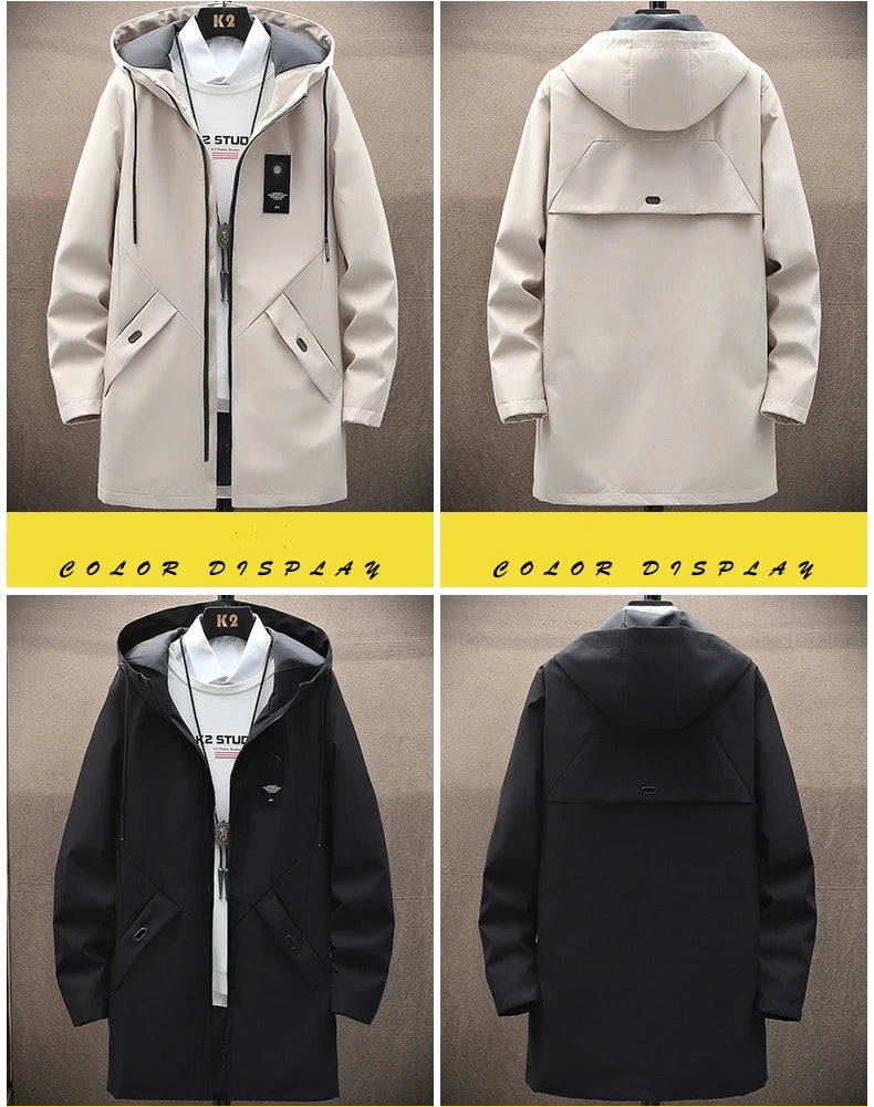 Outdoor Casual Jacket For Men Solid Color Long Windproof Hooded Coat High Quality Design Hot Casual Jacket For Men