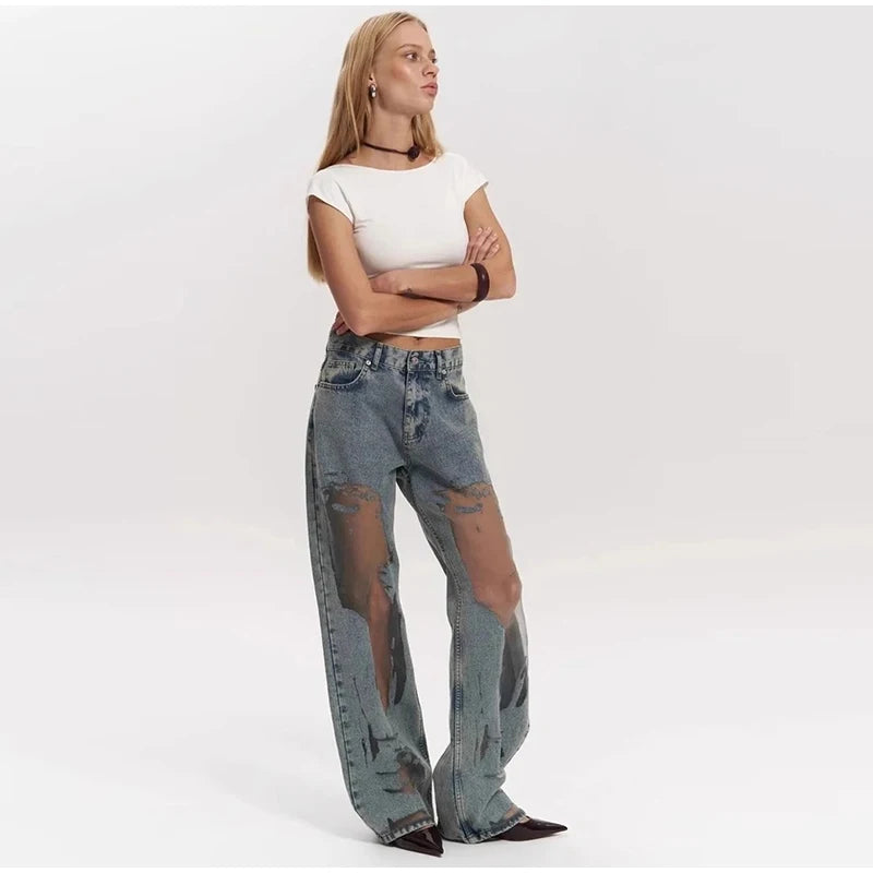 Jeans High Waist Straight Leg Gothic Dark Baggy Pants Trendy Hip Hop Streetwear Trousers