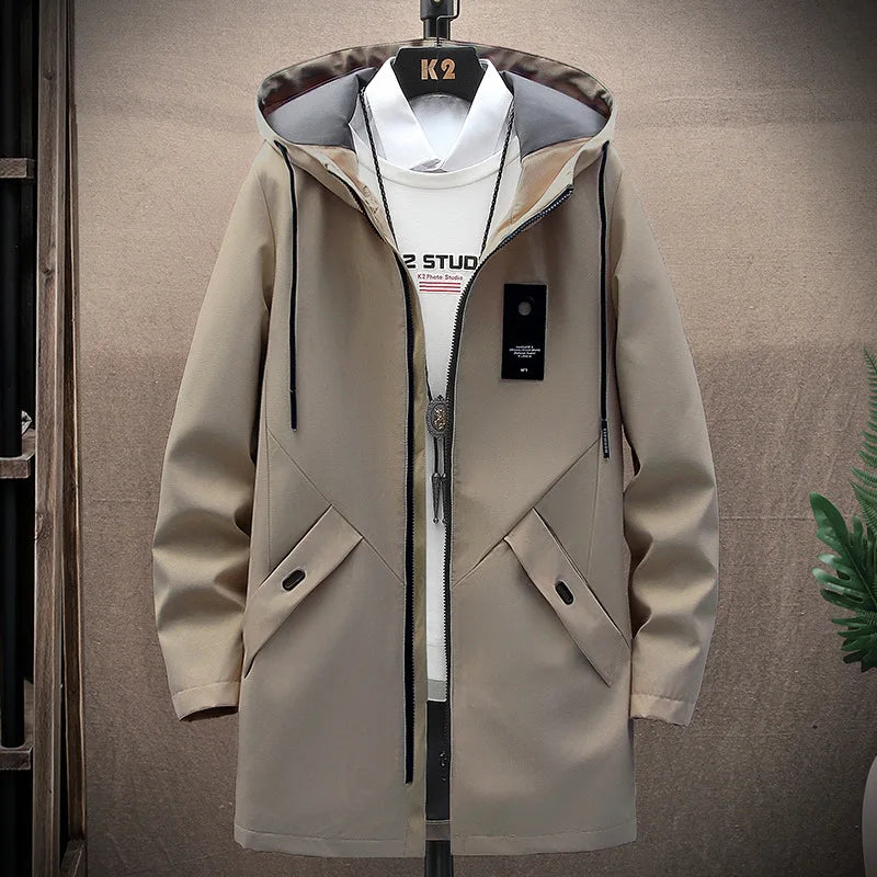 Outdoor Casual Jacket For Men Solid Color Long Windproof Hooded Coat High Quality Design Hot Casual Jacket For Men