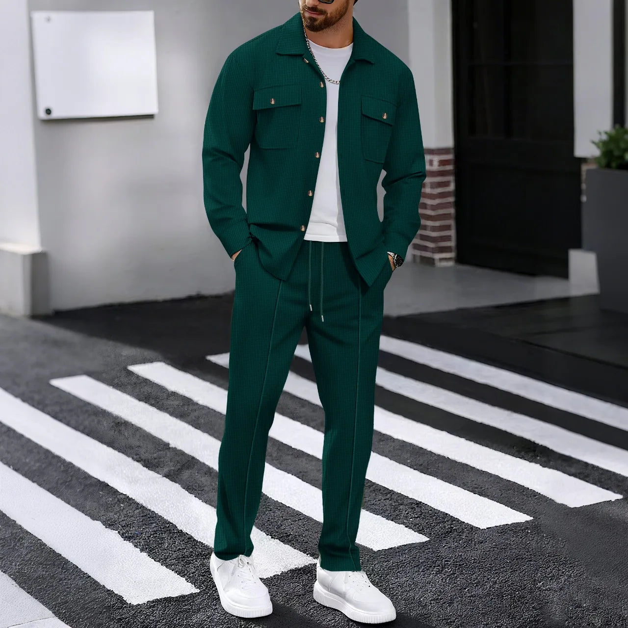 New men's solidcolor waffle longsleeved pants set  high quality fashionable comfortable with doublepocketsworkwearstyle cardigan