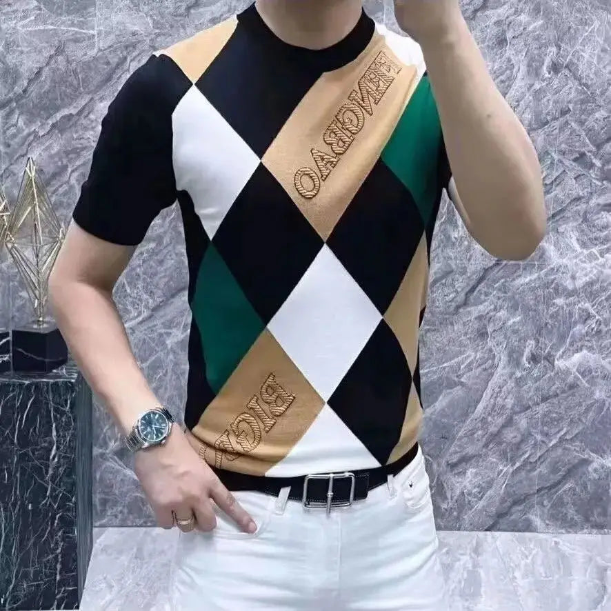 Summer Men Clothing Color Blocking Short Sleeve T-Shirts Streetwear Fashion