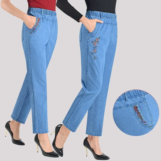 Jeans Women's Loose Straight Sleeve 9-point Embroidered Elastic High Waist