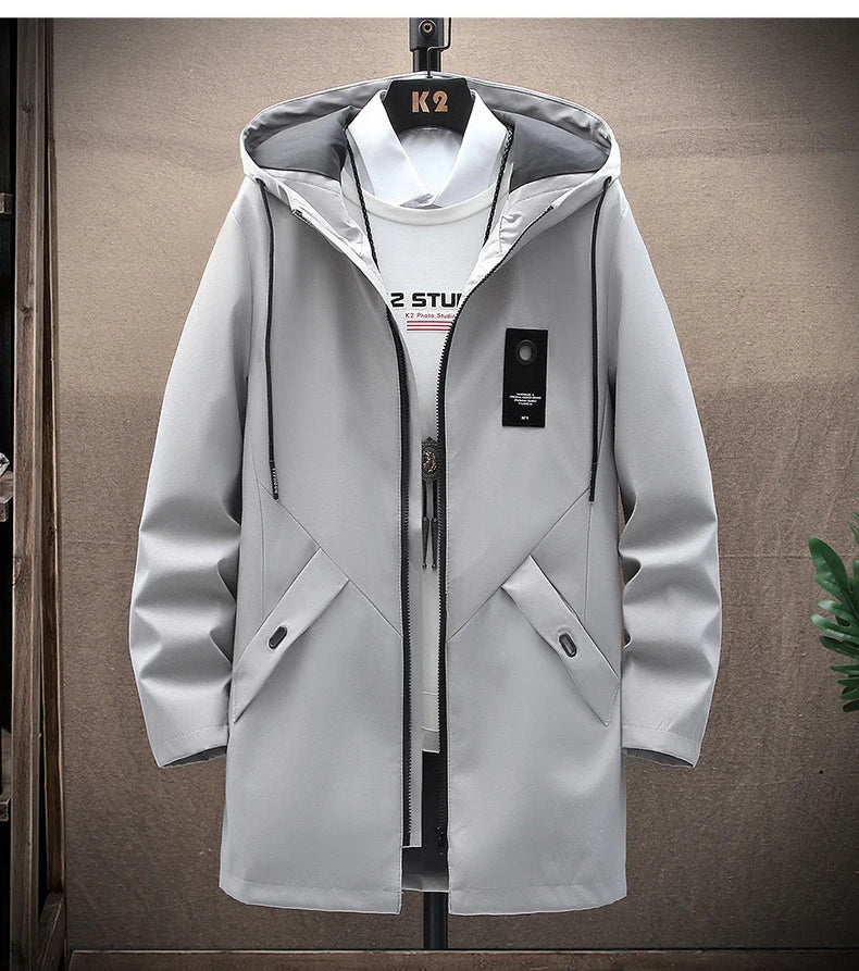 Outdoor Casual Jacket For Men Solid Color Long Windproof Hooded Coat High Quality Design Hot Casual Jacket For Men
