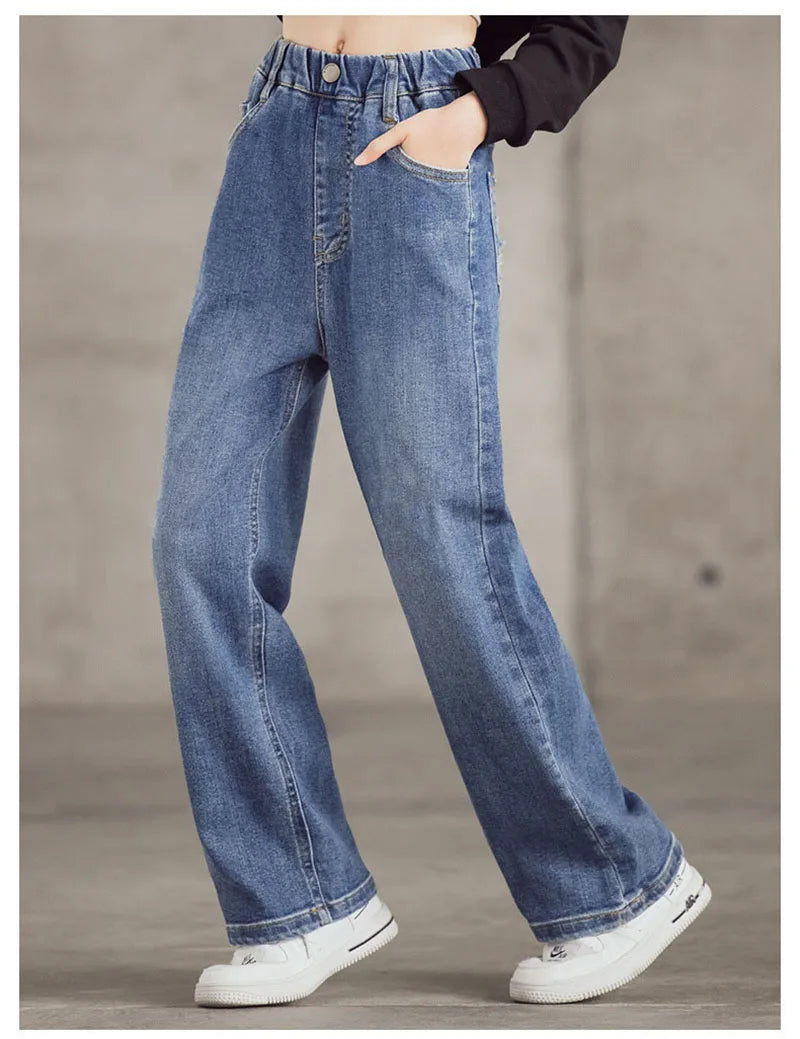 Kid's Jeans 3-9Y Cute Girls Solid Color Loose Wide Leg Pants Childrens Outwear Denim Trousers