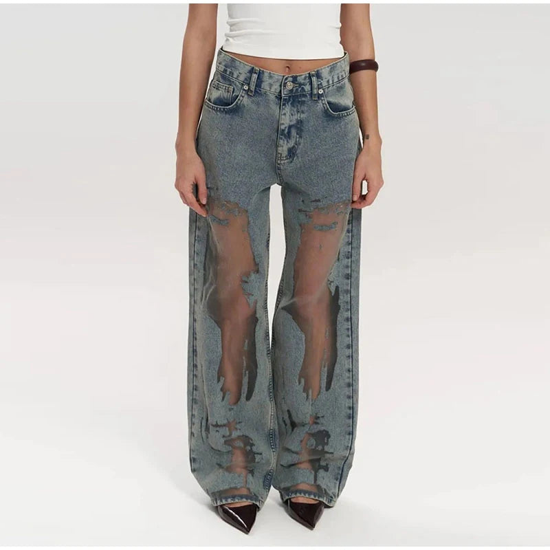 Jeans High Waist Straight Leg Gothic Dark Baggy Pants Trendy Hip Hop Streetwear Trousers