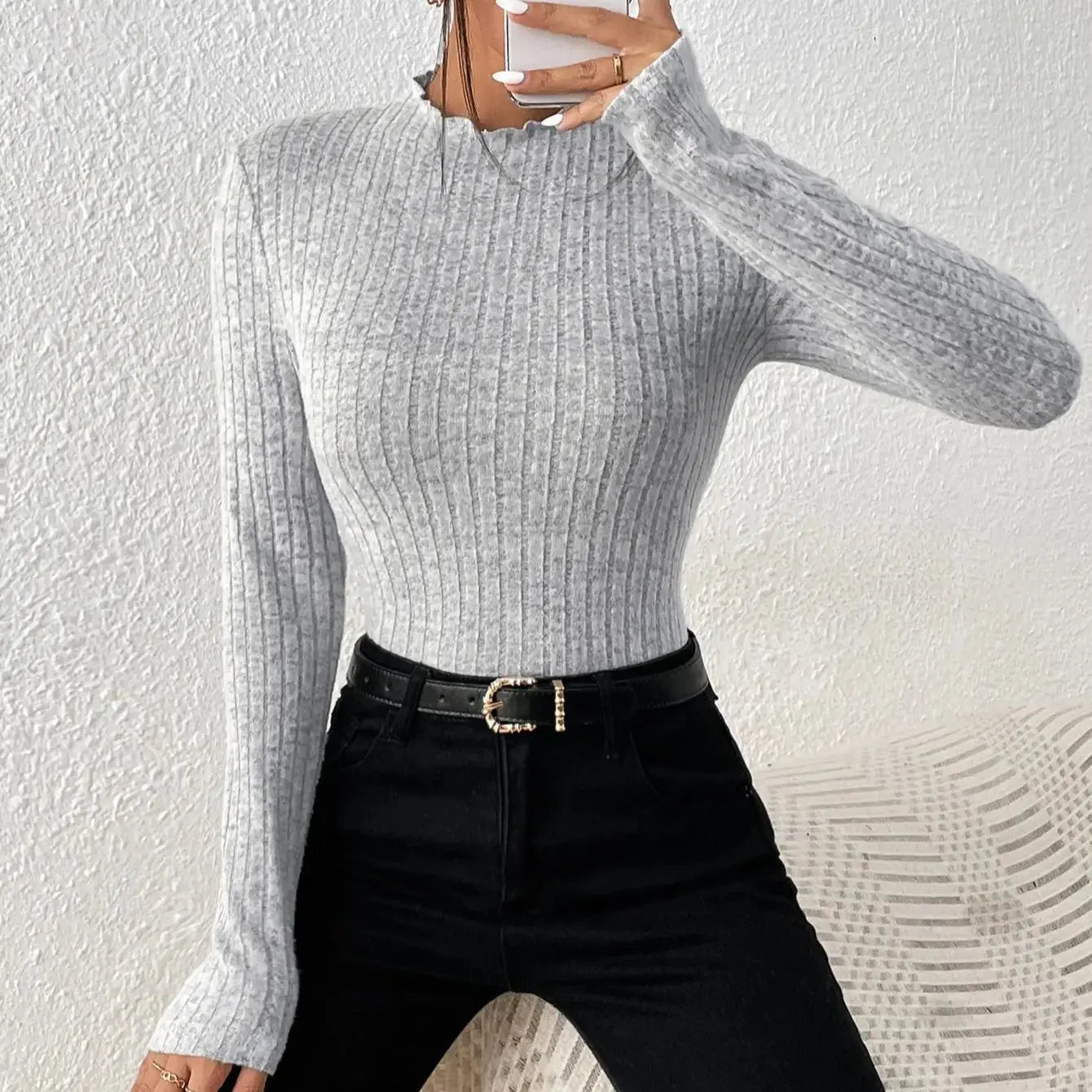 Fashion Slim Ruffle Neck Knit Long Sleeve Top, Lace Mid-Collar Women's Striped Bottom Shirt, Autumn and Winter Casual Sweater