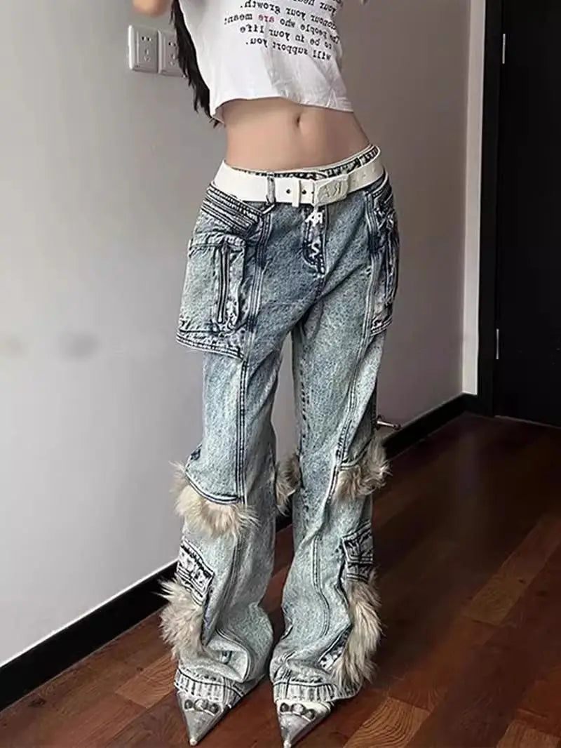 Stitching Multi-pocket Tooling Jeans Women Streetwear Vintage Hip Hop Spice Girls  Pants