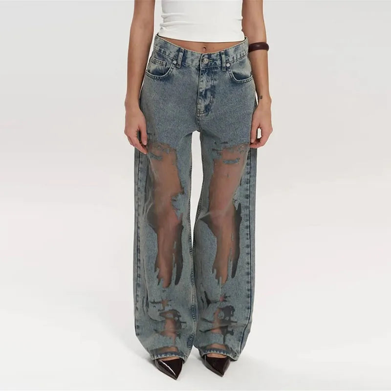 Jeans High Waist Straight Leg Gothic Dark Baggy Pants Trendy Hip Hop Streetwear Trousers