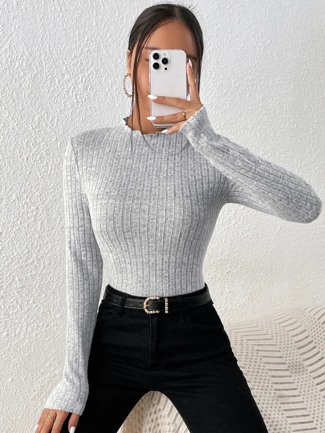 Fashion Slim Ruffle Neck Knit Long Sleeve Top, Lace Mid-Collar Women's Striped Bottom Shirt, Autumn and Winter Casual Sweater