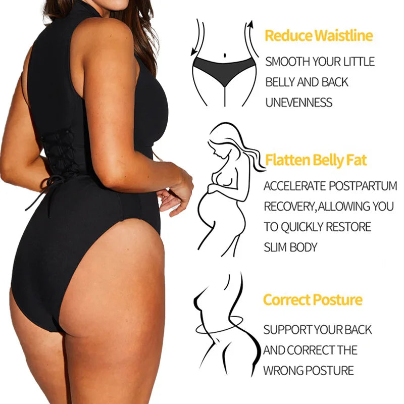 Double Control Jumpsuit Zipper Back Lace- up Strap Shaping Body Shapewear Women Tummy Control Sexy Bodysuit