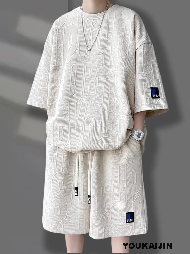 Men's Summer Suit Casual T-shirt + Shorts Suit Men's Tracksuit Solid Color Tracksuit Loose Suit Plus Size 4XL 5XL