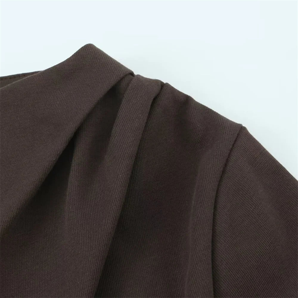 UNIZERA Women's Tri Color Side Folded Decorative T-shirt Round Neck Long Sleeve Spring/Summer New Casual Women's Clothing