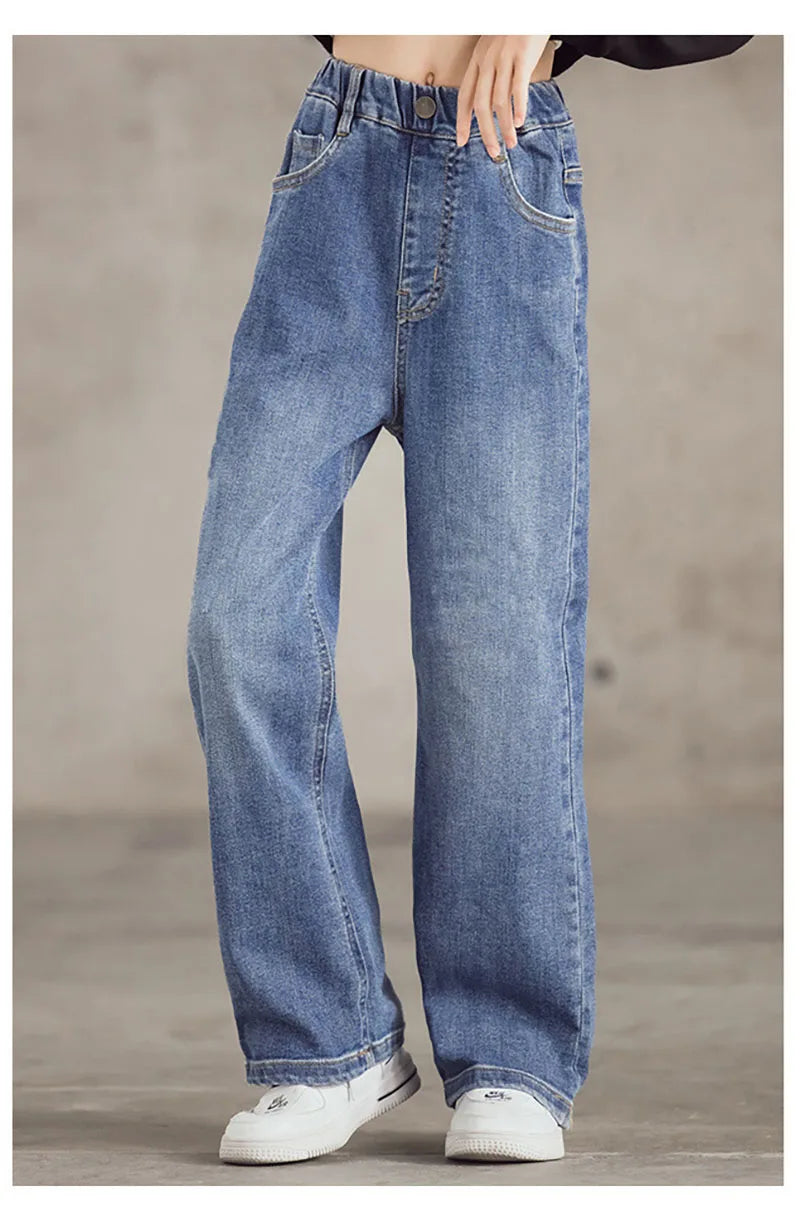 Kid's Jeans 3-9Y Cute Girls Solid Color Loose Wide Leg Pants Childrens Outwear Denim Trousers