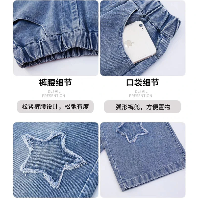Teen Girls Wide Leg Cargo Jeans Spring Autumn Fashion Kids Casual Denim Pants School Young Kids Straight Baggy Trousers 3-12Y