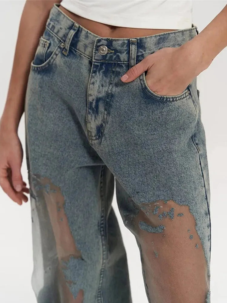 Jeans High Waist Straight Leg Gothic Dark Baggy Pants Trendy Hip Hop Streetwear Trousers