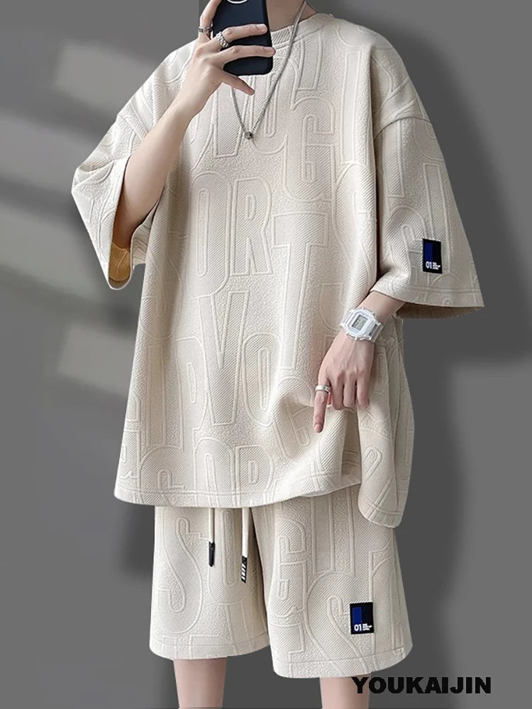 Men's Summer Suit Casual T-shirt + Shorts Suit Men's Tracksuit Solid Color Tracksuit Loose Suit Plus Size 4XL 5XL