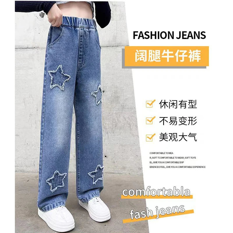 Teen Girls Wide Leg Cargo Jeans Spring Autumn Fashion Kids Casual Denim Pants School Young Kids Straight Baggy Trousers 3-12Y