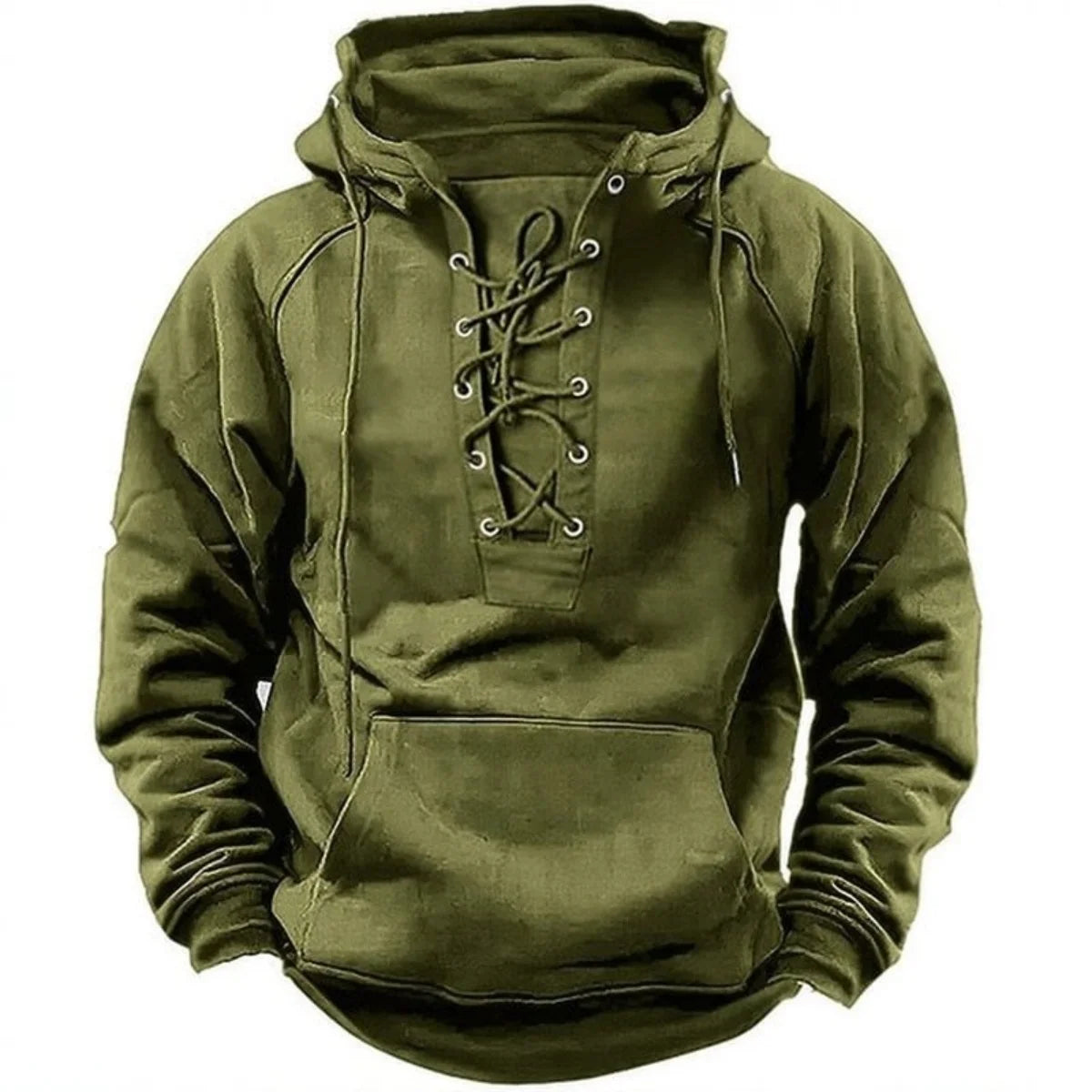 2025 Men's Autumn Winter Outdoor Casual Jacket: Retro Lace-Up, Loose Fit, Pure Color Long Sleeve Hooded Sweatshirt