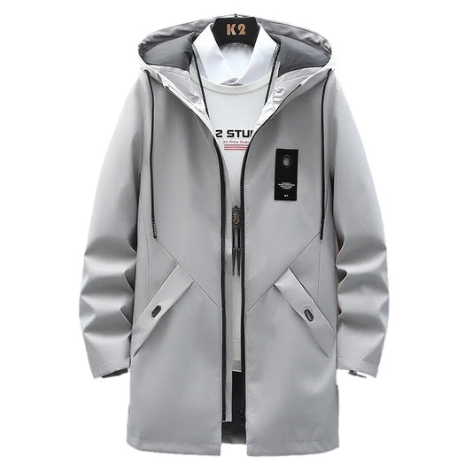 Outdoor Casual Jacket For Men Solid Color Long Windproof Hooded Coat High Quality Design Hot Casual Jacket For Men