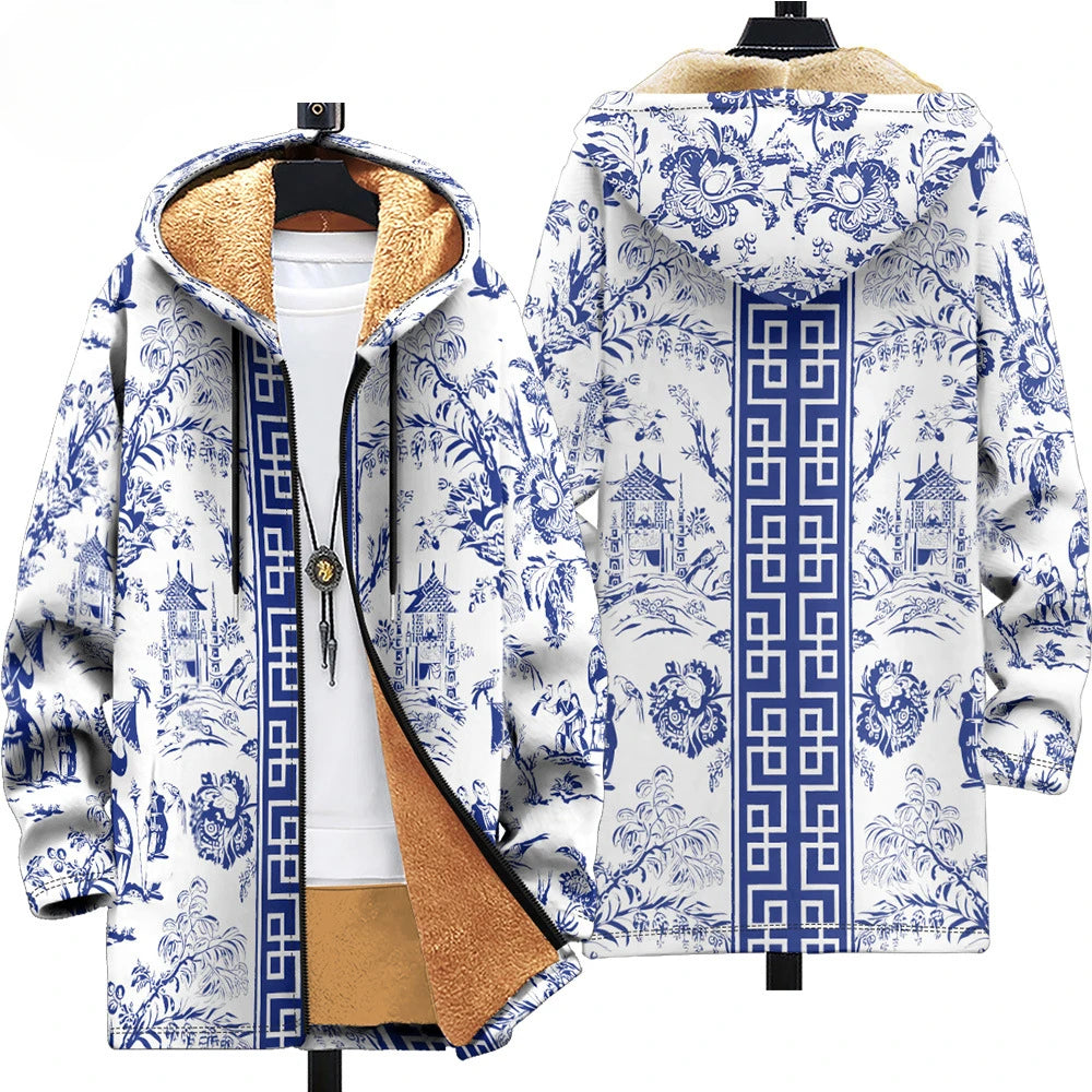 Men Cardigan Coats Blue White Porcelain Art Graphics Printed Germany  Style Plush Thick Winter Jackets Casual Streetwear Clothing