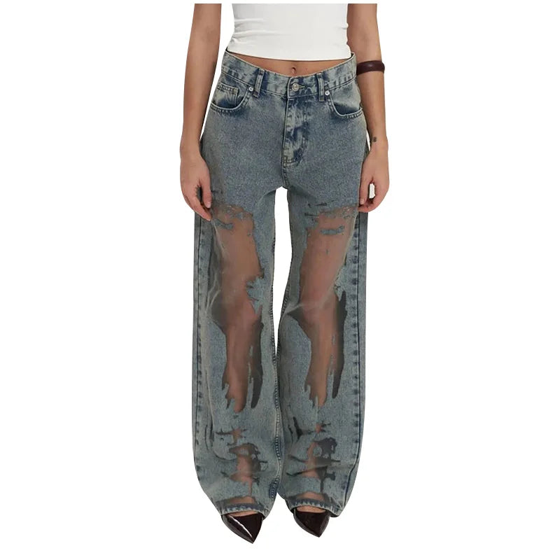 Jeans High Waist Straight Leg Gothic Dark Baggy Pants Trendy Hip Hop Streetwear Trousers
