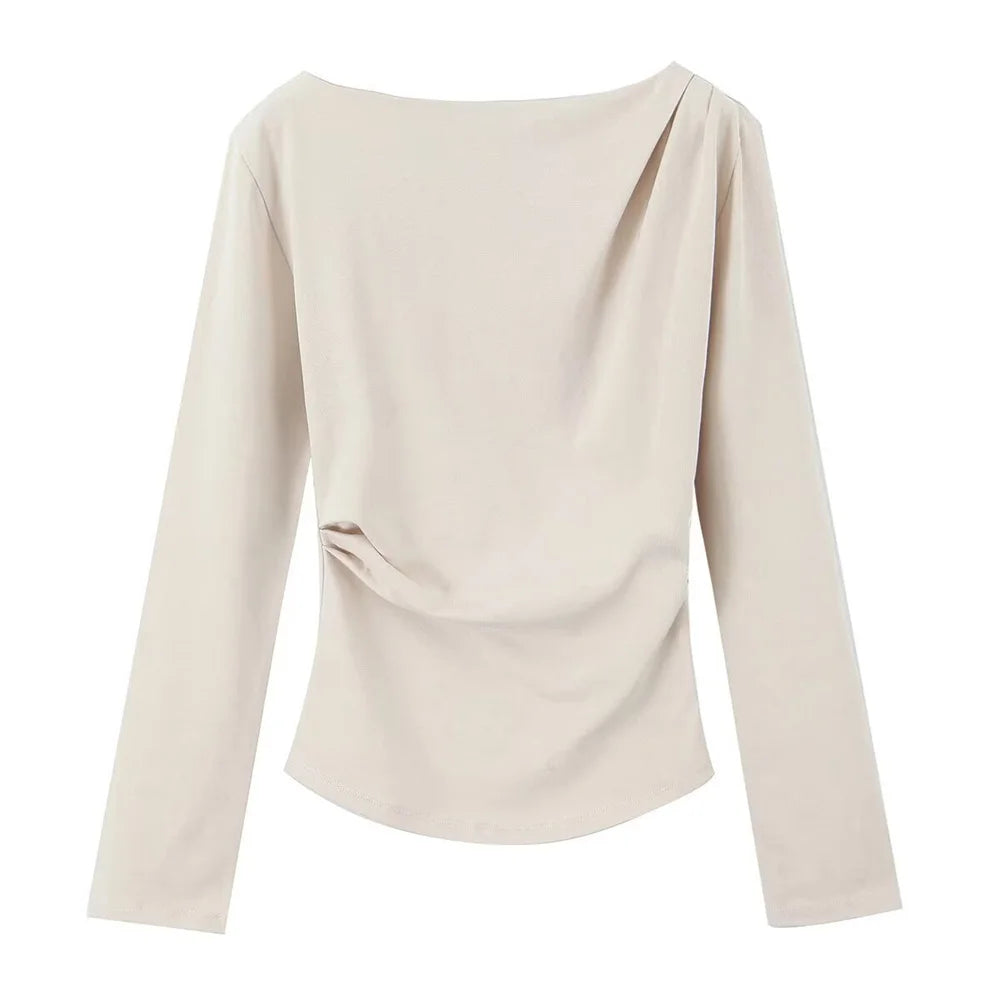 UNIZERA Women's Tri Color Side Folded Decorative T-shirt Round Neck Long Sleeve Spring/Summer New Casual Women's Clothing