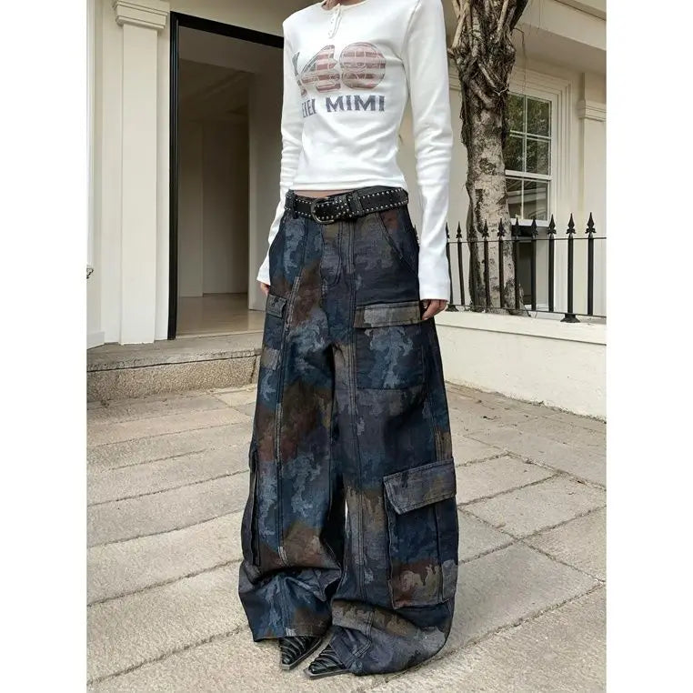 Retro street new style camouflage spliced multi-pocket work jeans for women American loose straight wide-leg casual pants