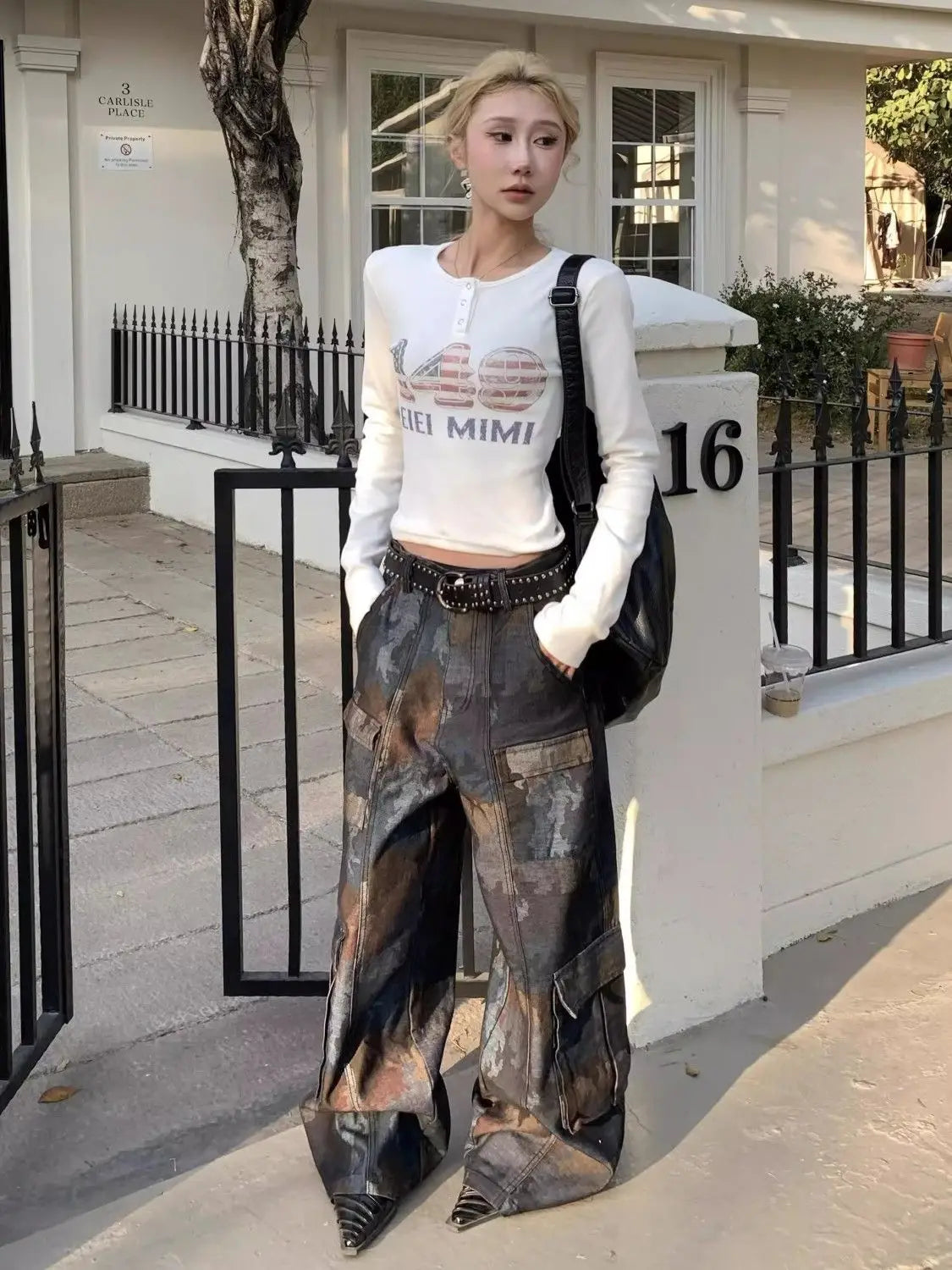 Retro street new style camouflage spliced multi-pocket work jeans for women American loose straight wide-leg casual pants