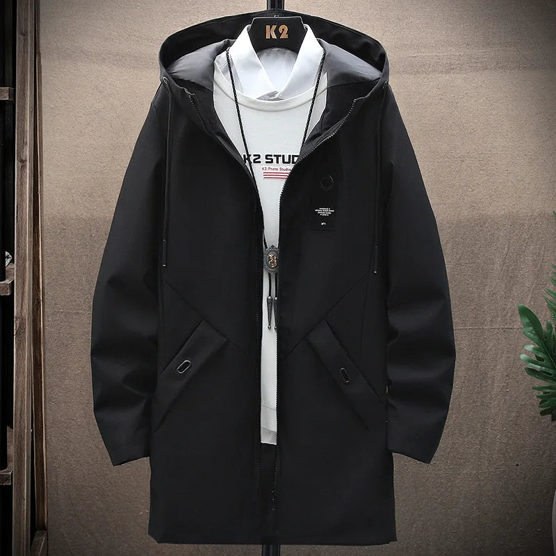 Outdoor Casual Jacket For Men Solid Color Long Windproof Hooded Coat High Quality Design Hot Casual Jacket For Men