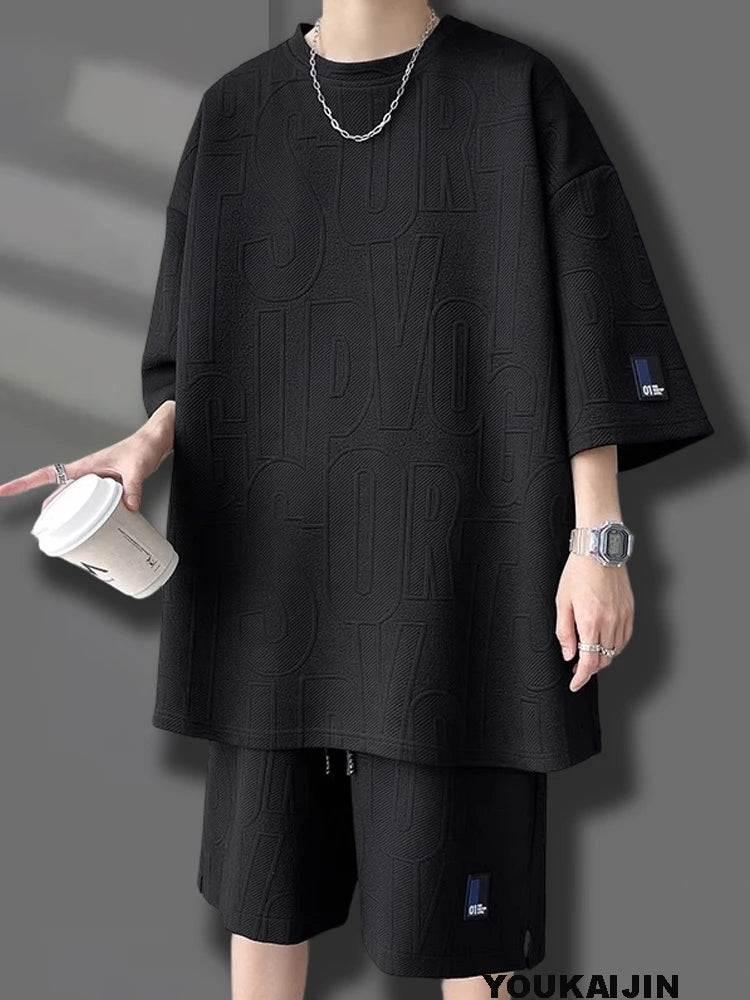 Men's Summer Suit Casual T-shirt + Shorts Suit Men's Tracksuit Solid Color Tracksuit Loose Suit Plus Size 4XL 5XL