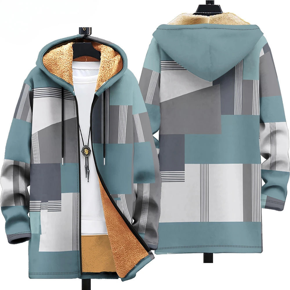 Men Cardigan Coats Blue White Porcelain Art Graphics Printed Germany  Style Plush Thick Winter Jackets Casual Streetwear Clothing