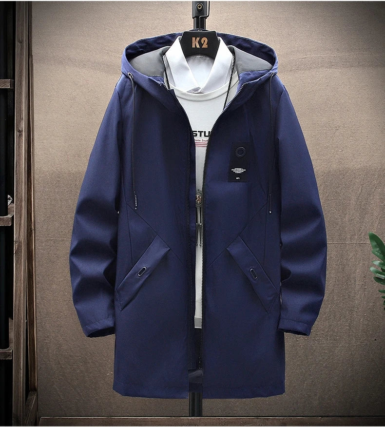 Outdoor Casual Jacket For Men Solid Color Long Windproof Hooded Coat High Quality Design Hot Casual Jacket For Men