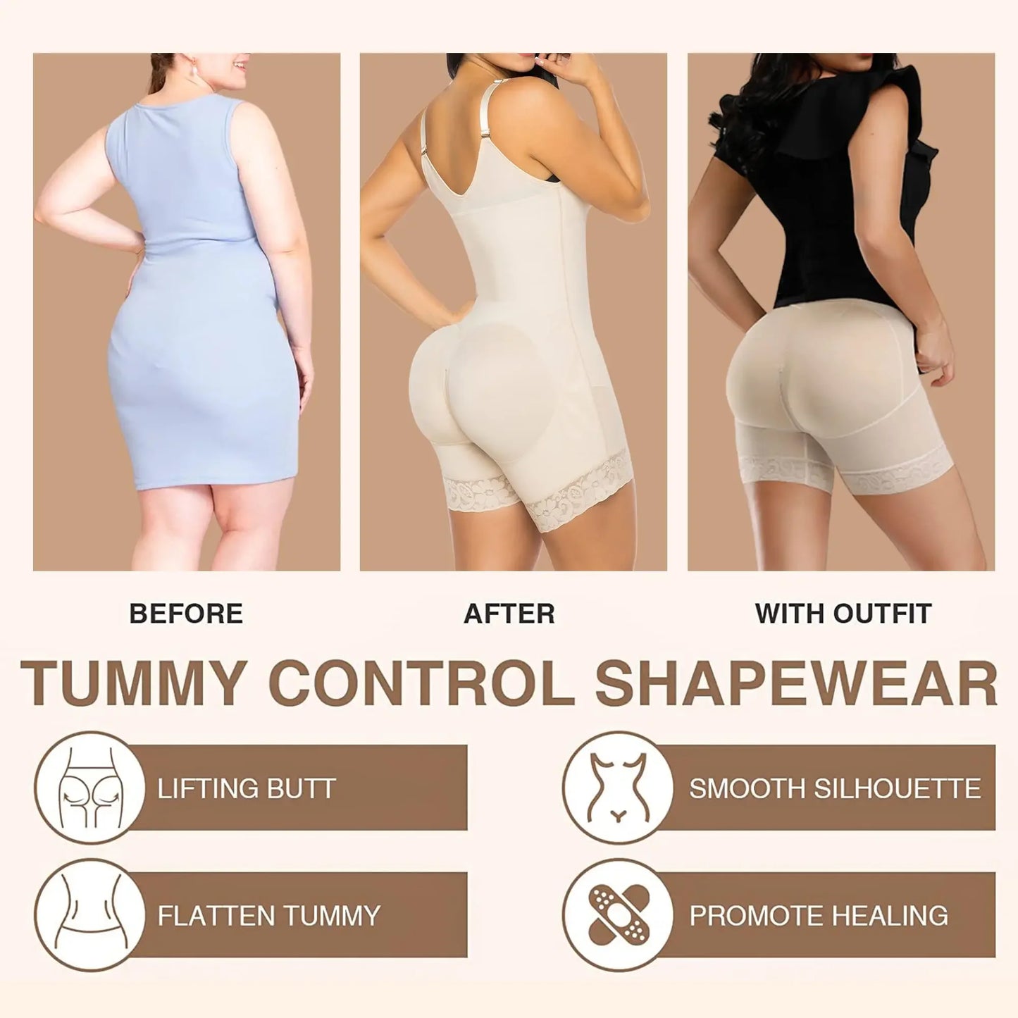 Double Control Jumpsuit Zipper Back Lace- up Strap Shaping Body Shapewear Women Tummy Control Sexy Bodysuit