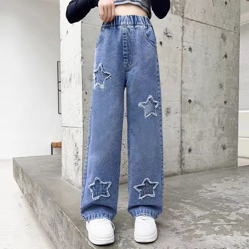 Teen Girls Wide Leg Cargo Jeans Spring Autumn Fashion Kids Casual Denim Pants School Young Kids Straight Baggy Trousers 3-12Y